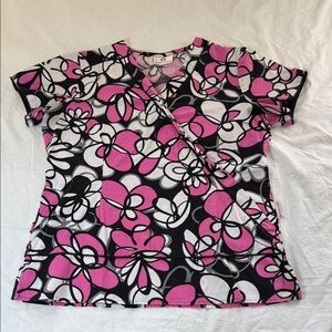 White Cross Floral Pink and Black Scrub Top